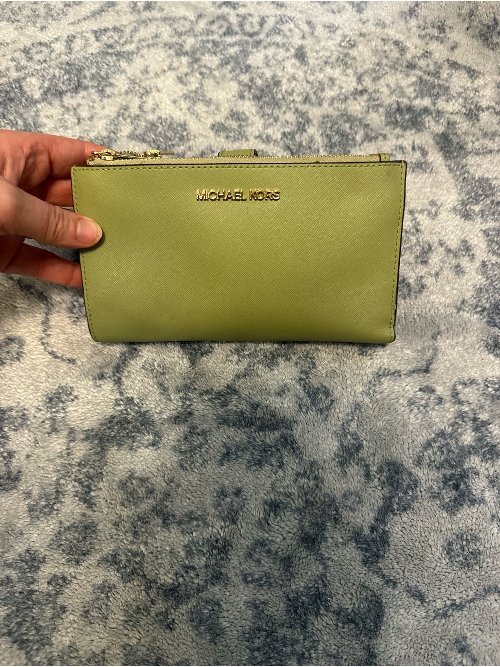 Michael Kors Olive Saffiano Leather Zip Wallet with Gold Logo